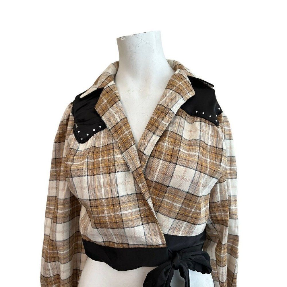 Ladies Small 4 Beige Plaid Cropped Wrap Jacket Metallic Black Satin Yoke NWT - Picture 2 of 7